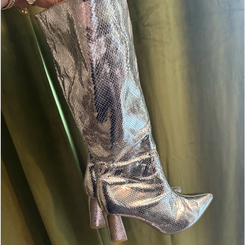 Metallic silver knee high boots disco